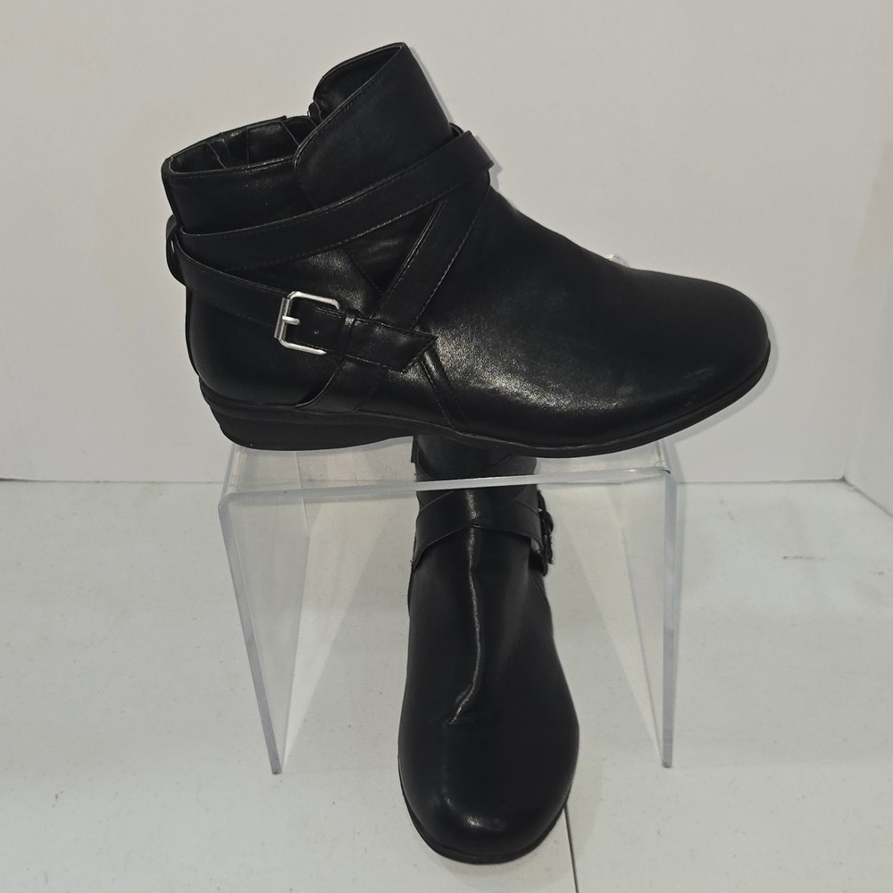 Comfortview Bronte Black Ankle Boots Strappy Buckle Side Zip Women 10.5 WW 14593